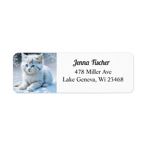Personalized Fluffy White Kitten in Snow Label