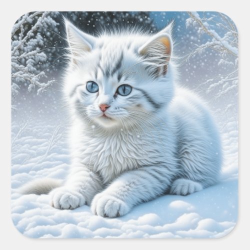 Personalized Fluffy White Kitten in Snow Square Sticker