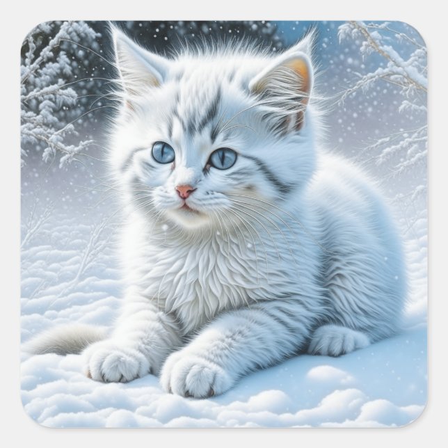 Personalized Fluffy White Kitten in Snow Square Sticker (Front)