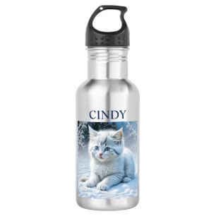 Personalized Fluffy White Kitten in Snow Stainless Steel Water Bottle