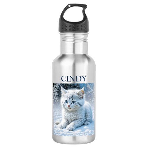 Personalized Fluffy White Kitten in Snow Stainless Steel Water Bottle