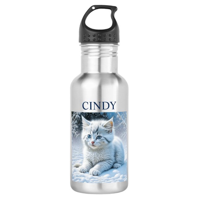 Personalized Fluffy White Kitten in Snow Stainless Steel Water Bottle (Front)