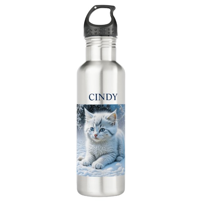 Personalized Fluffy White Kitten in Snow Stainless Steel Water Bottle (Front)