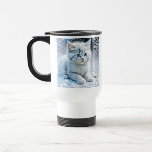 Personalized Fluffy White Kitten in Snow Travel Mug
