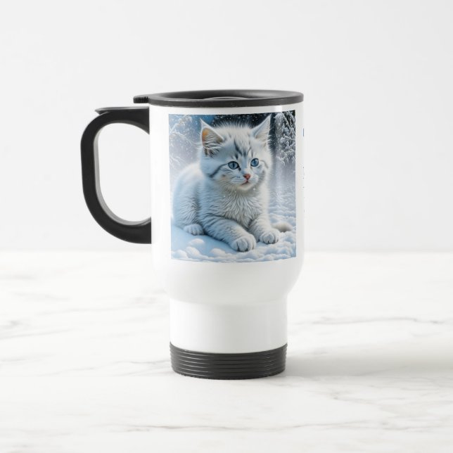 Personalized Fluffy White Kitten in Snow Travel Mug (Left)