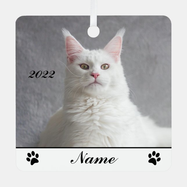 Personalized Fluffy White Maine Coon Cat Metal Ornament (Front)