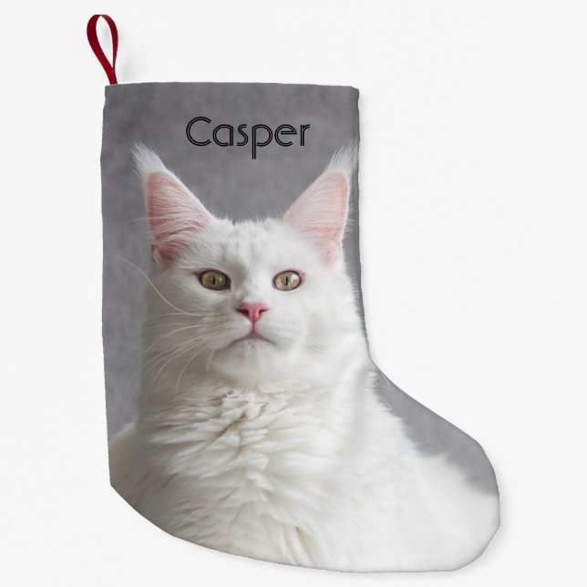 Personalized Fluffy White Maine Coon Cat Small Christmas Stocking (Front)