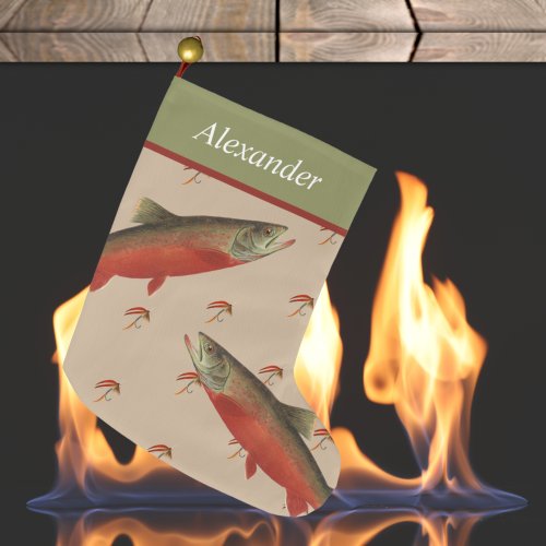 Personalized Fly Fishermens Holiday Salmon Trout  Large Christmas Stocking