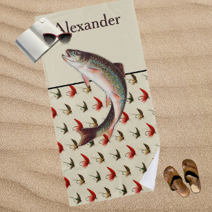 Personalized Fly Fishing Rainbow Trout Rustic Beach Towel