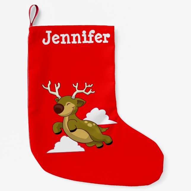 Personalized Flying Christmas Reindeer Small Christmas Stocking (Front)
