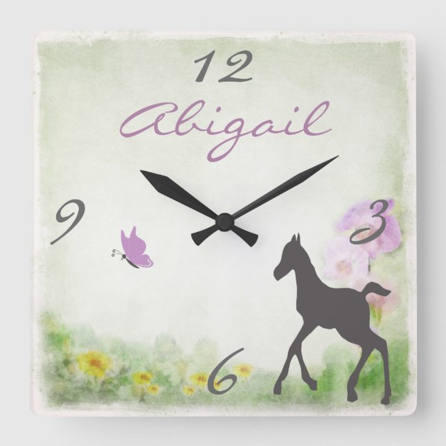 Personalized Foal and Butterfly Horse Wall Clock (Front)