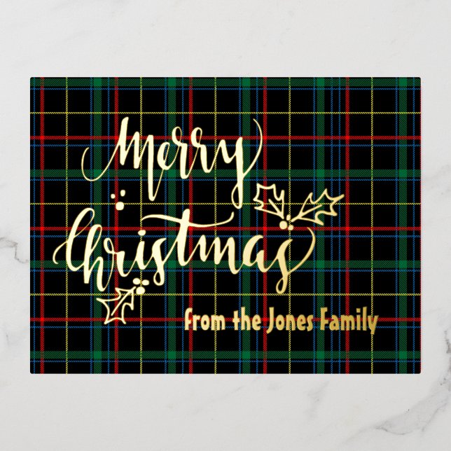 Personalized Foil Merry Christmas Tartan Foil Holi Foil Holiday Postcard (Front)