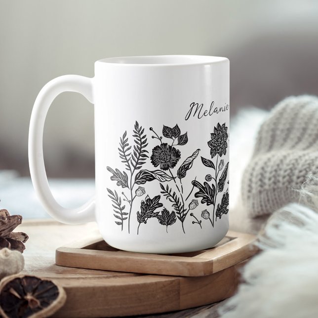 Personalized Foliage Autumn Flowers Black Coffee Mug (Personalized Foliage Autumn Flowers Black Coffee Mug)