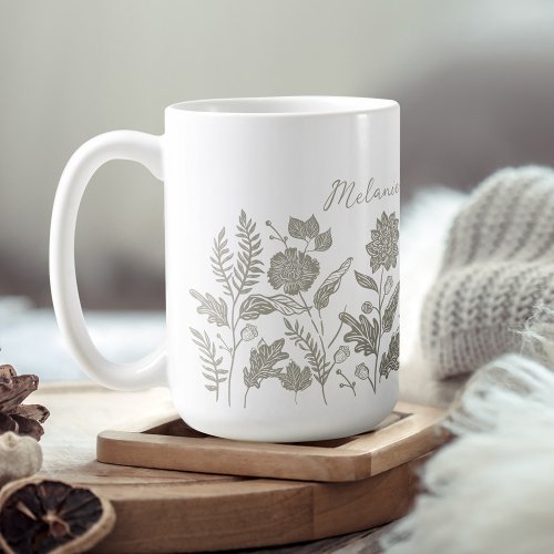 Personalized Foliage Autumn Flowers Sage Green Coffee Mug
