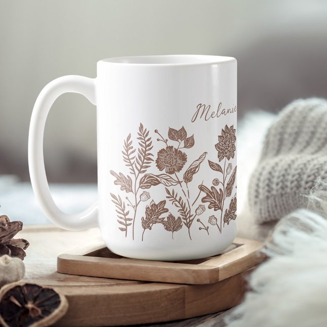 Personalized Foliage Autumn Flowers Taupe Coffee Mug (Personalized Foliage Autumn Flowers Taupe Coffee Mug)