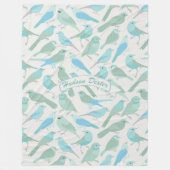 Personalized Folk Art Blue and Mint Bird Pattern Fleece Blanket (Front)