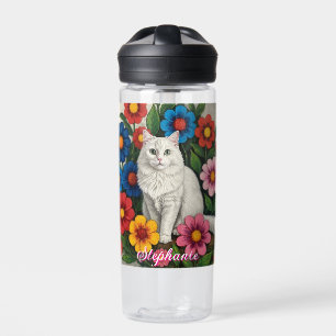 Personalized Folk Art Cat and Flowers Water Bottle
