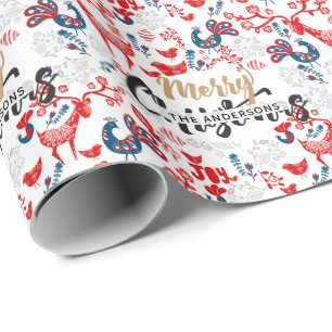 Personalized Folk Art Christmas RED BLUE Stags Wrapping Paper
