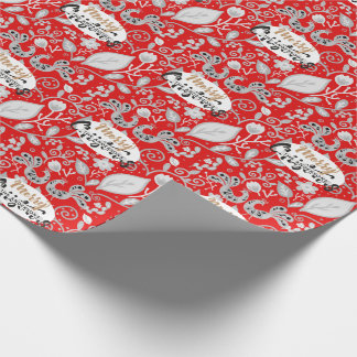 Personalized Folk Art Christmas Red White Birds Wrapping Paper