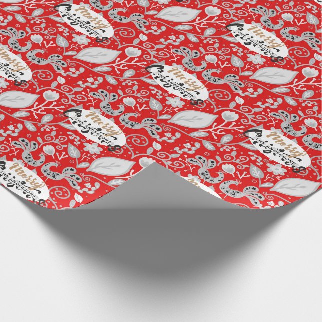 Personalized Folk Art Christmas Red White Birds Wrapping Paper (Corner)