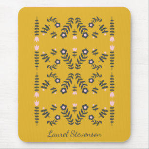 Personalized Folk Art Floral Yellow Modern Stylish Mouse Pad