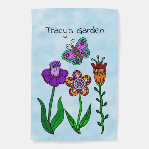 Personalized Folk Art Flowers and Butterfly   Garden Flag