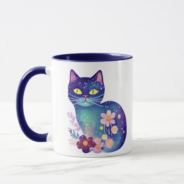 Personalized Folk Art Flowers and Cat Mug (Left)