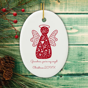 Personalized Folk Art Red Angel Scandinavian Ceramic Ornament