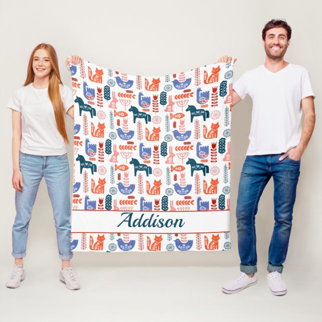 Personalized Folk Art Woodland Animal Fleece Blanket (In Situ)