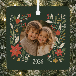 Personalized Folk Floral Family Photo Christmas Metal Ornament