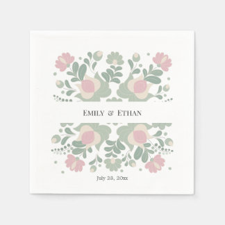 Personalized Folk Floral Wedding Cocktail Napkins
