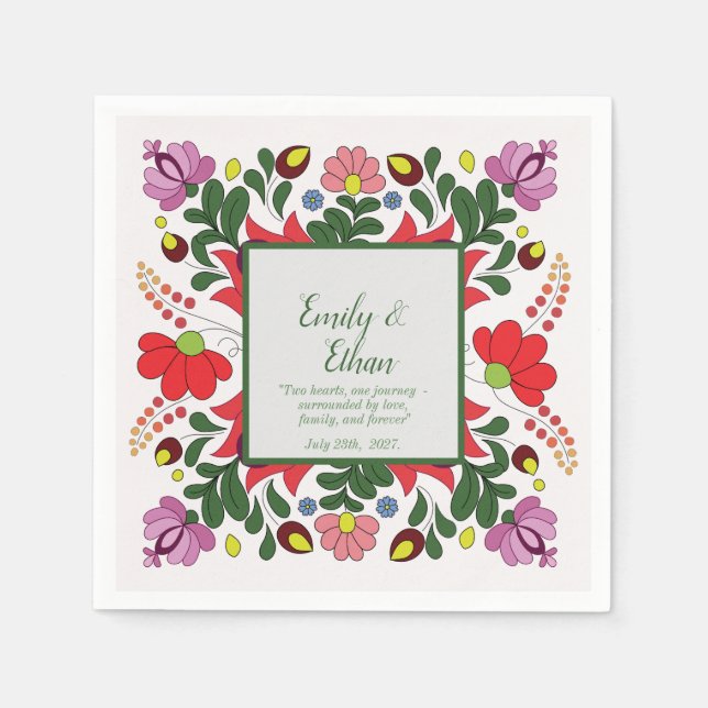 Personalized Folk Floral Wedding Napkins (Front)
