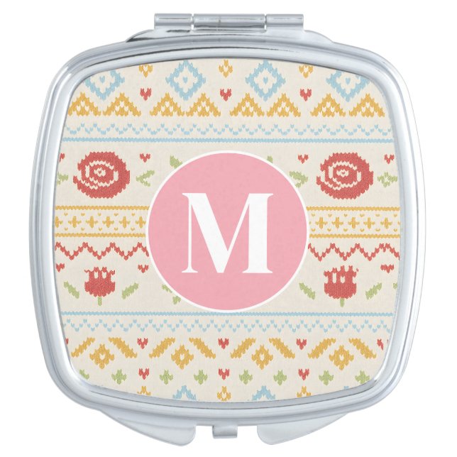 Personalized Folk Nordic Boho Floral Pattern Compact Mirror (Front)