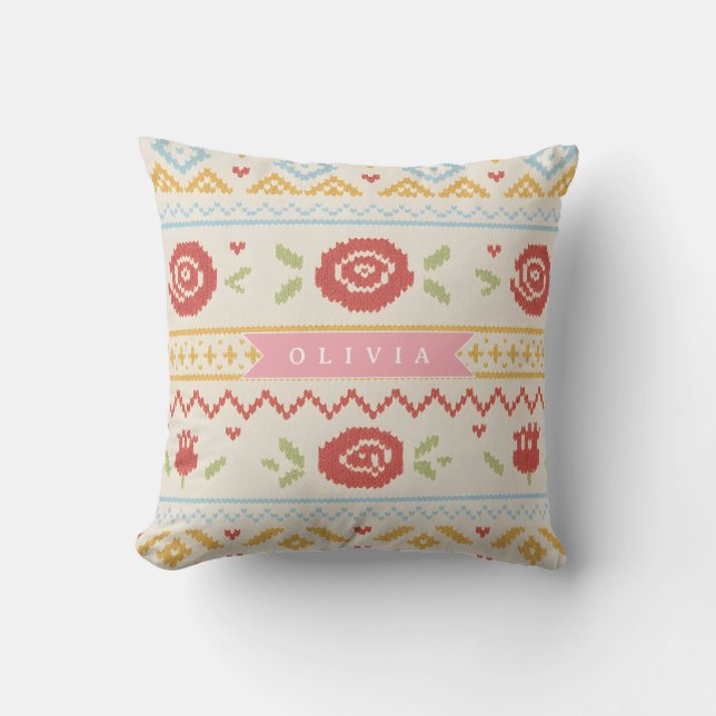 Personalized Folk Nordic Boho Floral Pattern Throw Pillow (Front)