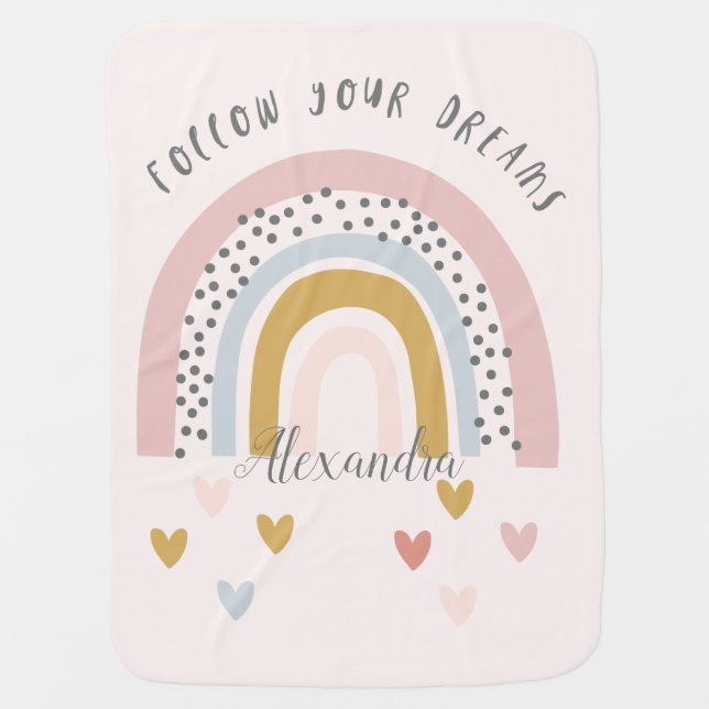 Personalized Follow Your Dreams Pink Rainbow  Name Baby Blanket (Front)