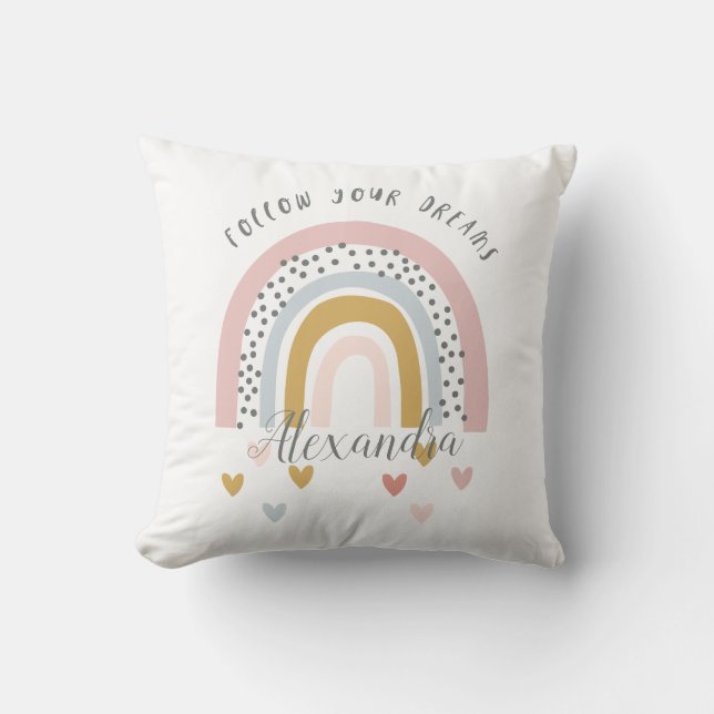 Personalized Follow Your Dreams Pink Rainbow  Name Throw Pillow (Front)