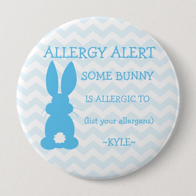 Personalized Food Allergy Alert Easter Bunny Blue Pinback Button (Front)