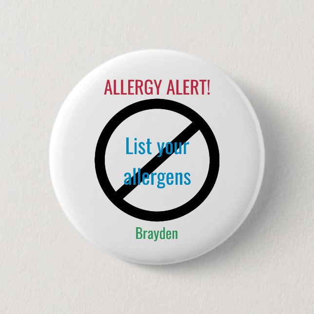 Personalized Food Allergy Alert Kids NO Symbol Button (Front)