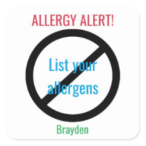 Personalized Food Allergy Alert Kids NO Symbol Square Sticker