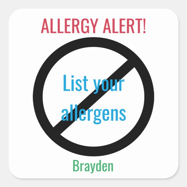 Personalized Food Allergy Alert Kids NO Symbol Square Sticker (Front)