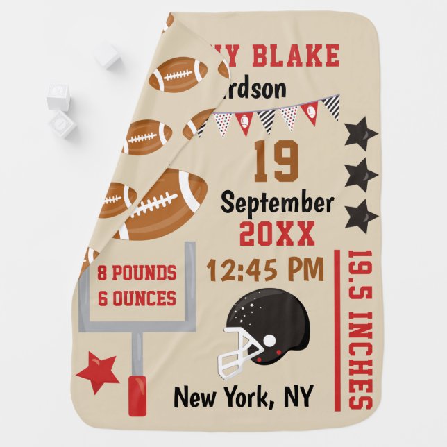Personalized Football Baby Boy Birth Stats Record Baby Blanket (In Situ)