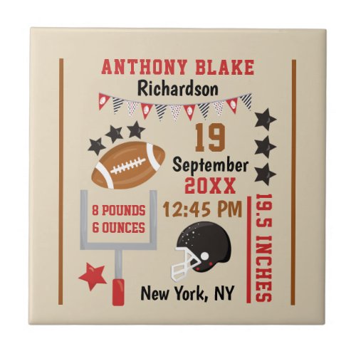 Personalized Football Baby Boy Birth Stats Record Ceramic Tile
