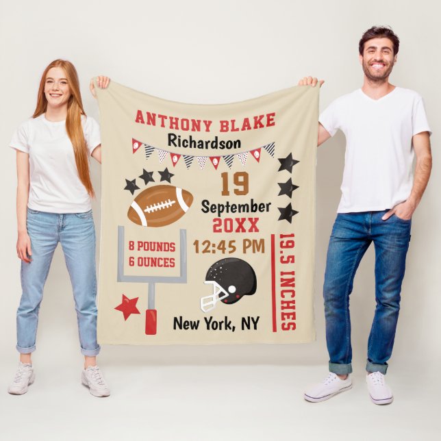 Personalized Football Baby Boy Birth Stats Record Fleece Blanket (In Situ)