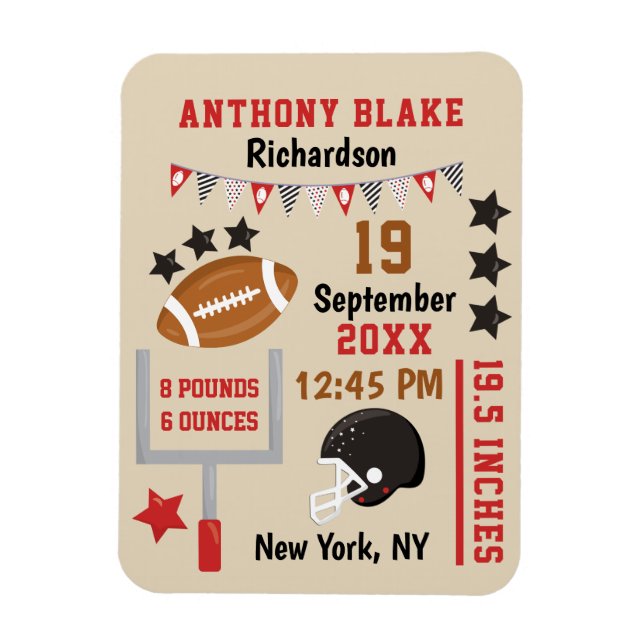 Personalized Football Baby Boy Birth Stats Record Magnet (Vertical)