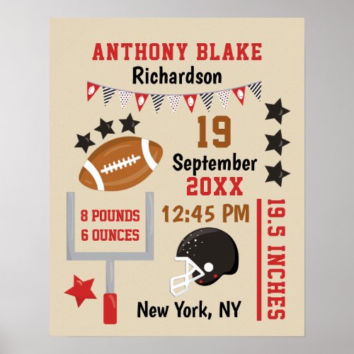 Personalized Football Baby Boy Birth Stats Record Poster