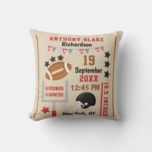Personalized Football Baby Boy Birth Stats Record Throw Pillow