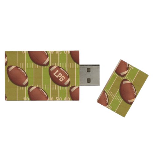 Personalized Football Pattern on Sports Field Wood Flash Drive