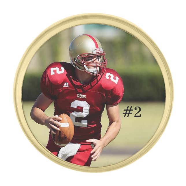 Personalized Football Photo and Number Gold Finish Lapel Pin (Front)
