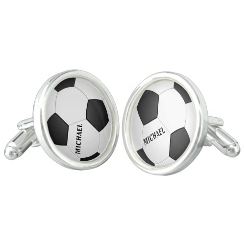 Personalized Football Soccer Silver Plated Round Cufflinks