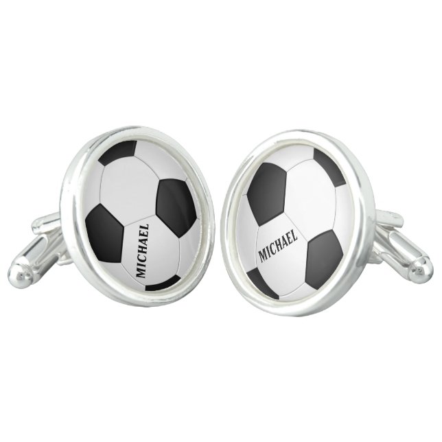 Personalized Football Soccer Silver Plated Round Cufflinks (Angled)